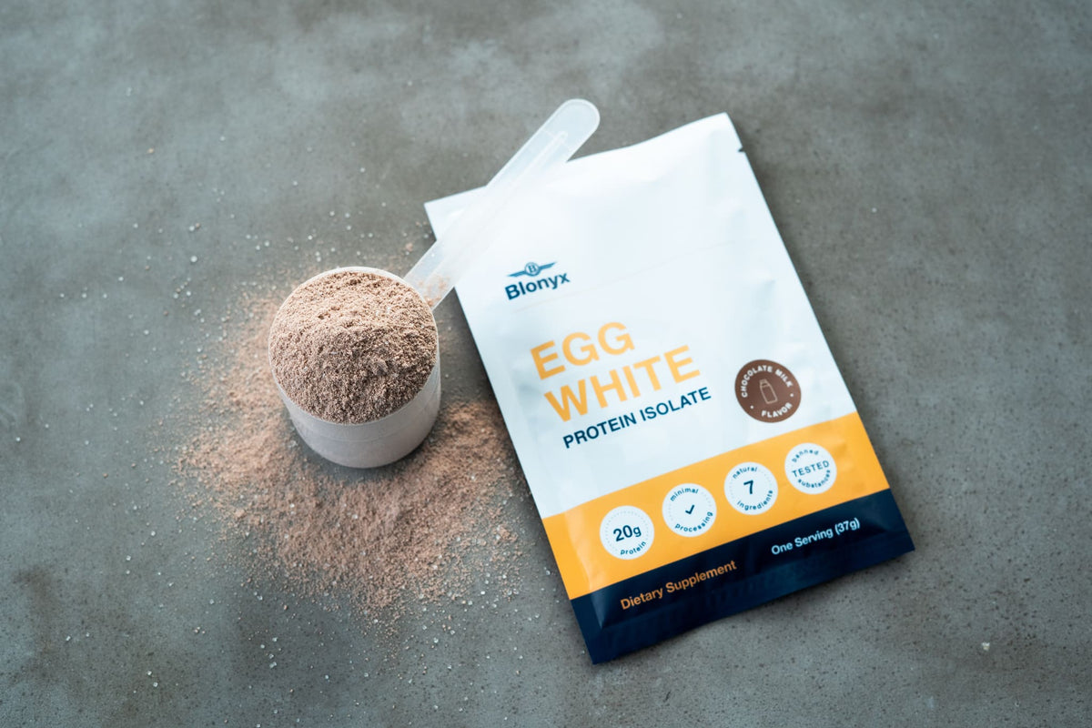 Blonyx Egg White Protein Single Serve on a Concrete Table