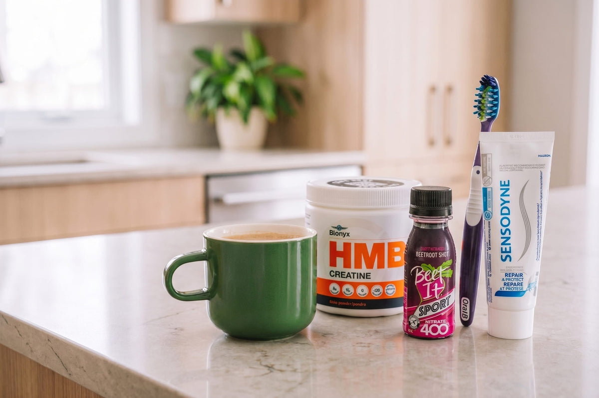 Coffee, Blonyx HMB+ Creatine, Beet It Sport Nitrate 400, and a Toothbrush and Toothpaste