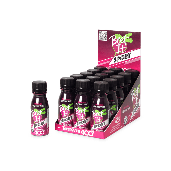 Display of 15 Beet It Sport Nitrate 400 energy shots.