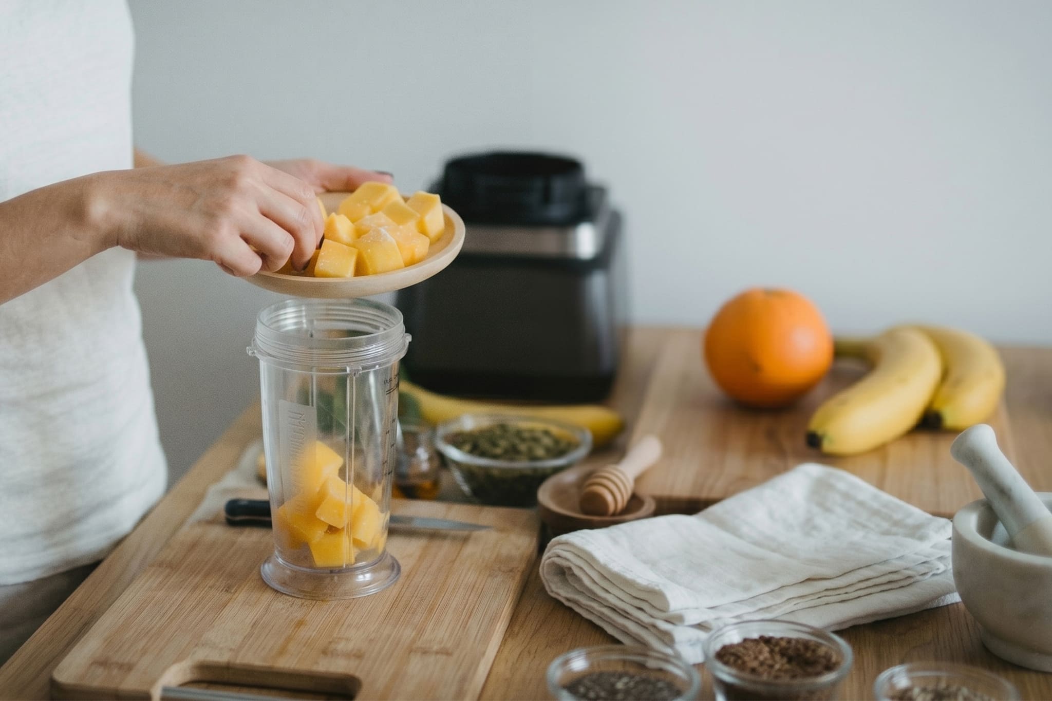 Someone making a fruit smoothie