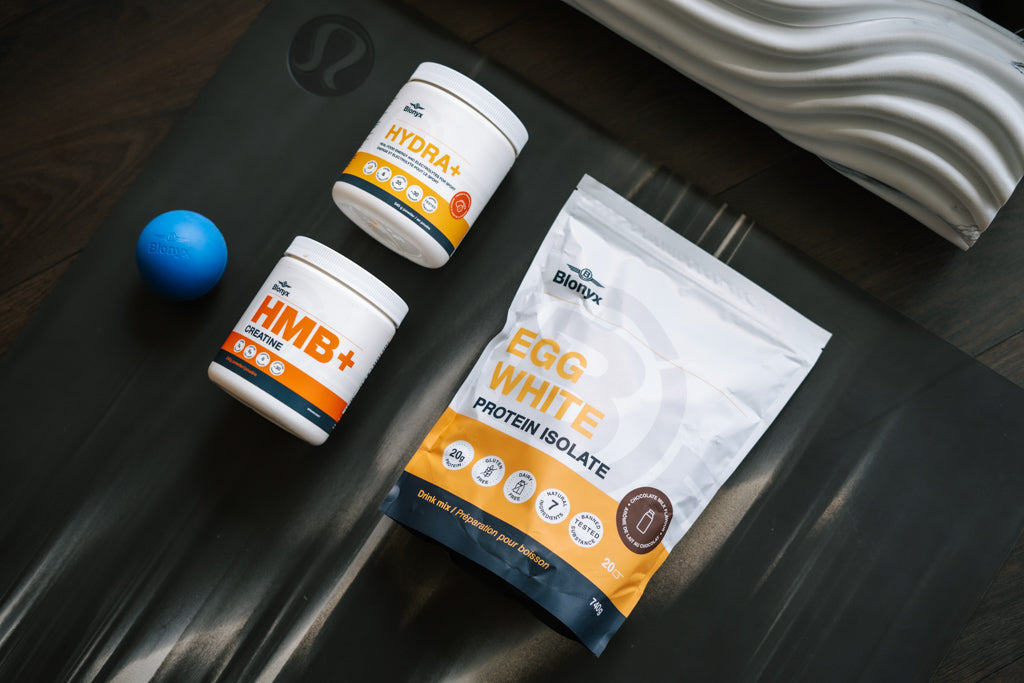 Three Blonyx products on a yoga mat with a lacrosse ball