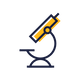 A minimalist vector icon of a microscope, featuring a dark navy blue outline with a yellow accent on the eyepiece, set against a solid white background.