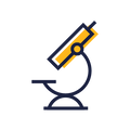 A minimalist vector icon of a microscope, featuring a dark navy blue outline with a yellow accent on the eyepiece, set against a solid white background.