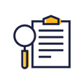 A flat vector icon depicting a clipboard with a yellow highlighter and a magnifying glass, outlined in dark navy blue on a solid white background.