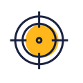 A minimalist vector icon of a target, featuring a yellow circular center with a dark navy blue bullseye and crosshair design on a solid white background.