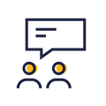 Two people with a speech bubble icon on a white background