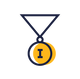 A stylized medal icon with a dark navy ribbon and circular pendant on a white background. The pendant is yellow with a dark navy letter 'I' in the center.