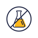 A flat icon of a yellow flask inside a white circle with a dark navy diagonal prohibition slash, on a light gray background.