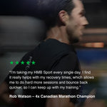 Canadian marathon champion Rob Watson running during training with a testimonial describing how daily HMB Sport supplementation supports recovery, improves consistency, and helps him train harder with less downtime.
