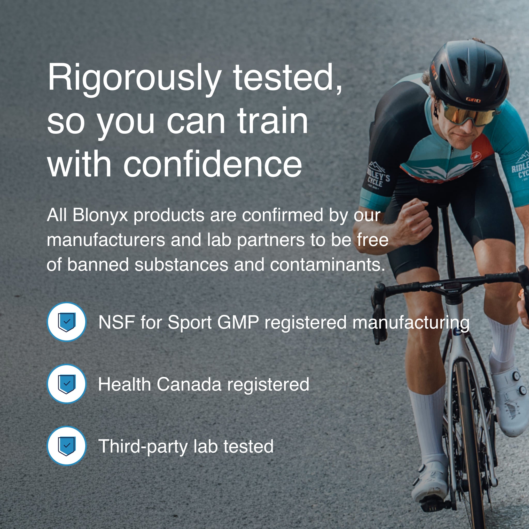 Cyclist training on a road bike with information about Blonyx Beta Alanine quality assurance, third-party testing, NSF for Sport GMP manufacturing, and Health Canada registration.