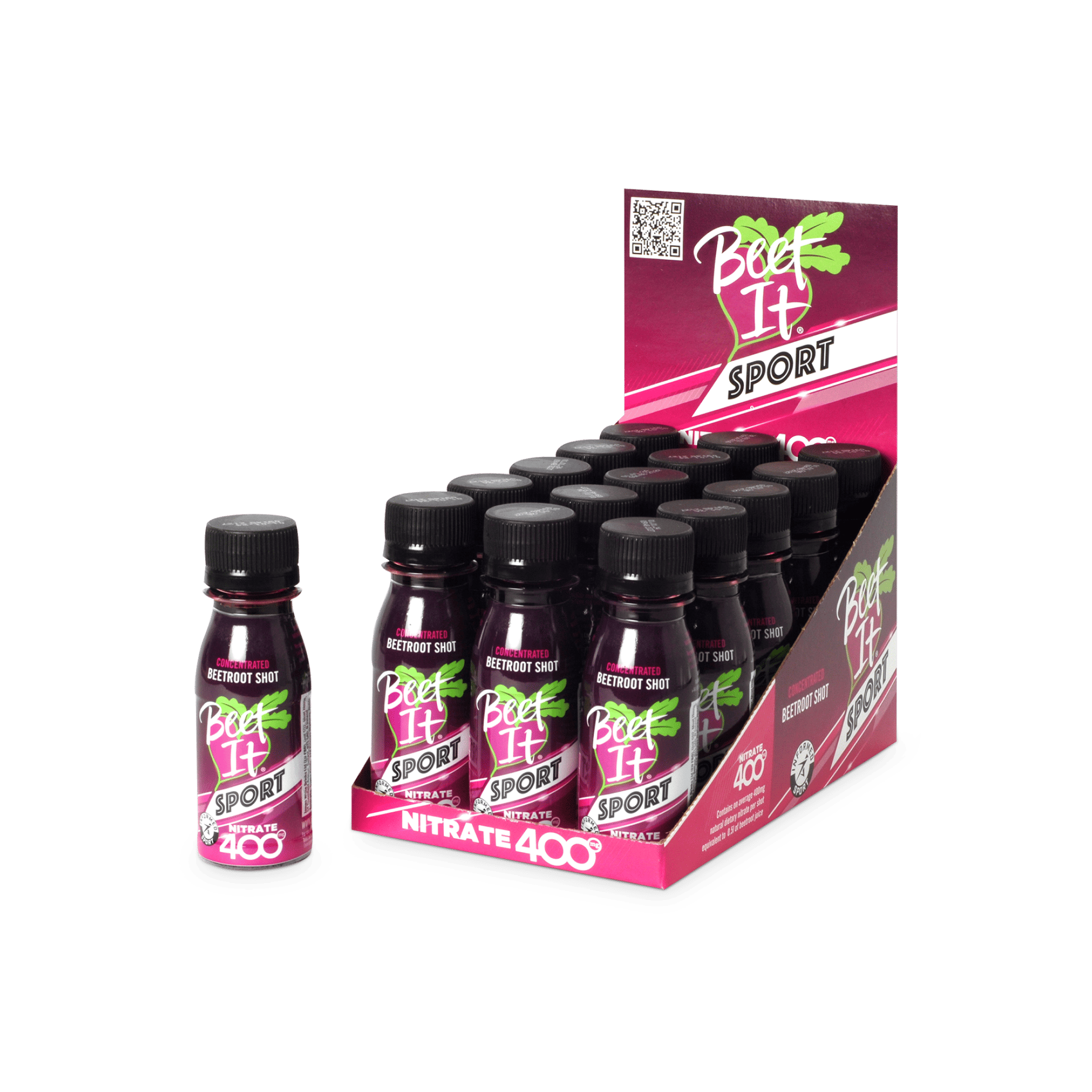 Display of 15 Beet It Sport Nitrate 400 energy shots.