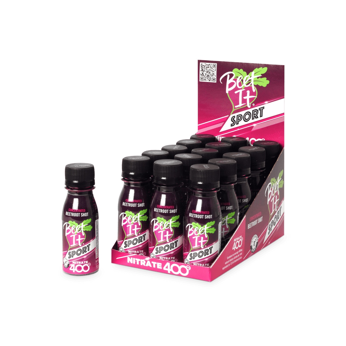 Display of 15 Beet It Sport Nitrate 400 energy shots.