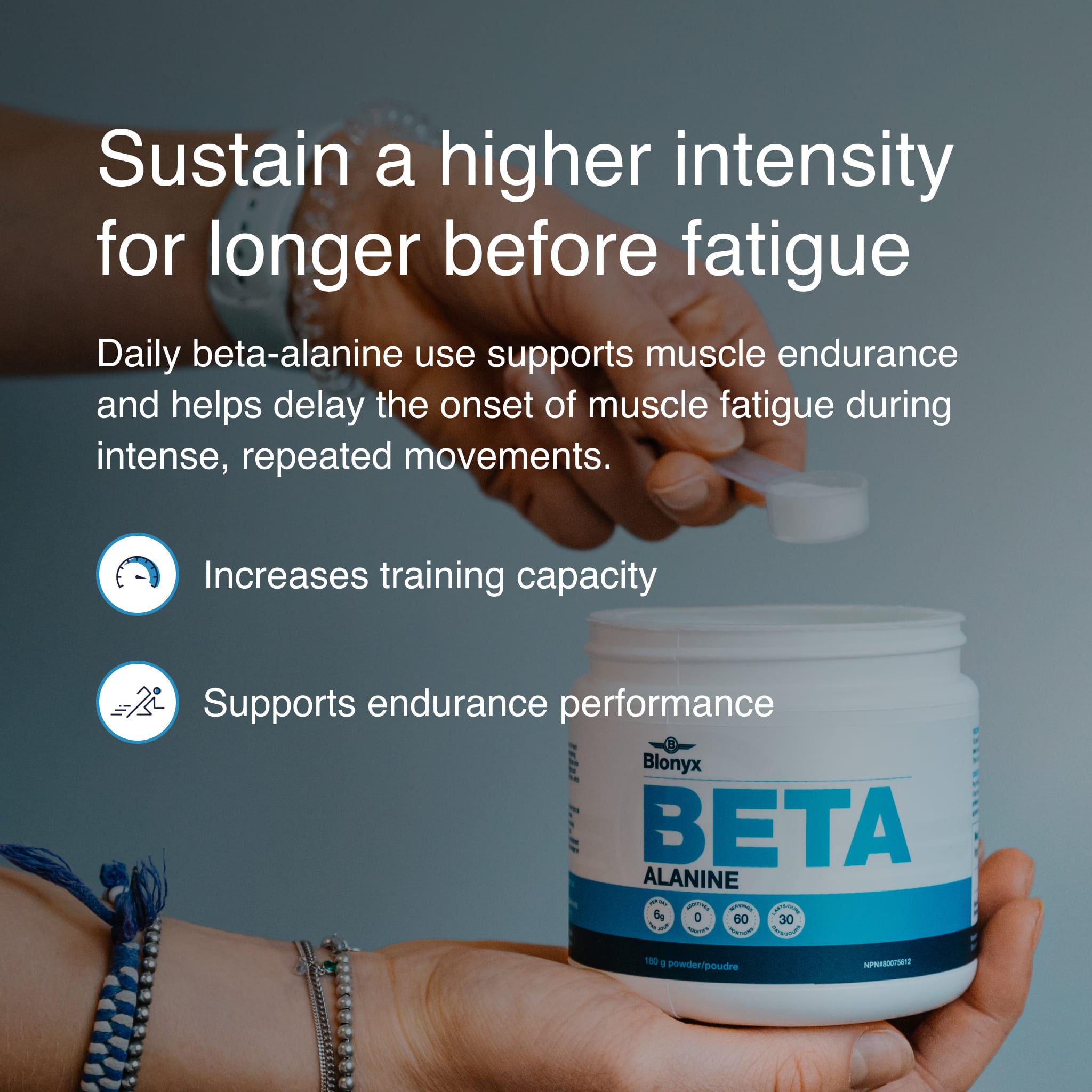 Blonyx Beta Alanine supplement highlighting benefits for muscle endurance, fatigue resistance, training intensity, and endurance performance support.