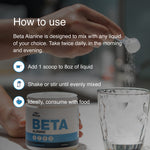 Blonyx Beta Alanine mixing instructions showing supplement powder being added to water with directions for daily use to support endurance and reduce fatigue.