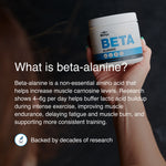 Blonyx Beta Alanine supplement container held in hand with educational information explaining how beta-alanine supports muscle carnosine levels, endurance, and athletic performance.