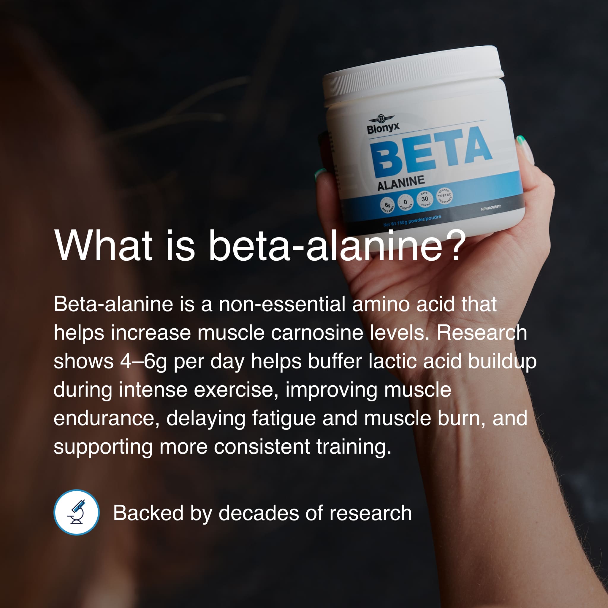 Blonyx Beta Alanine supplement container held in hand with educational information explaining how beta-alanine supports muscle carnosine levels, endurance, and athletic performance.