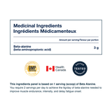 Blonyx Beta Alanine supplement facts panel showing 3 grams of beta-alanine per serving alongside GMP certification, Health Canada registration, and banned substance testing.