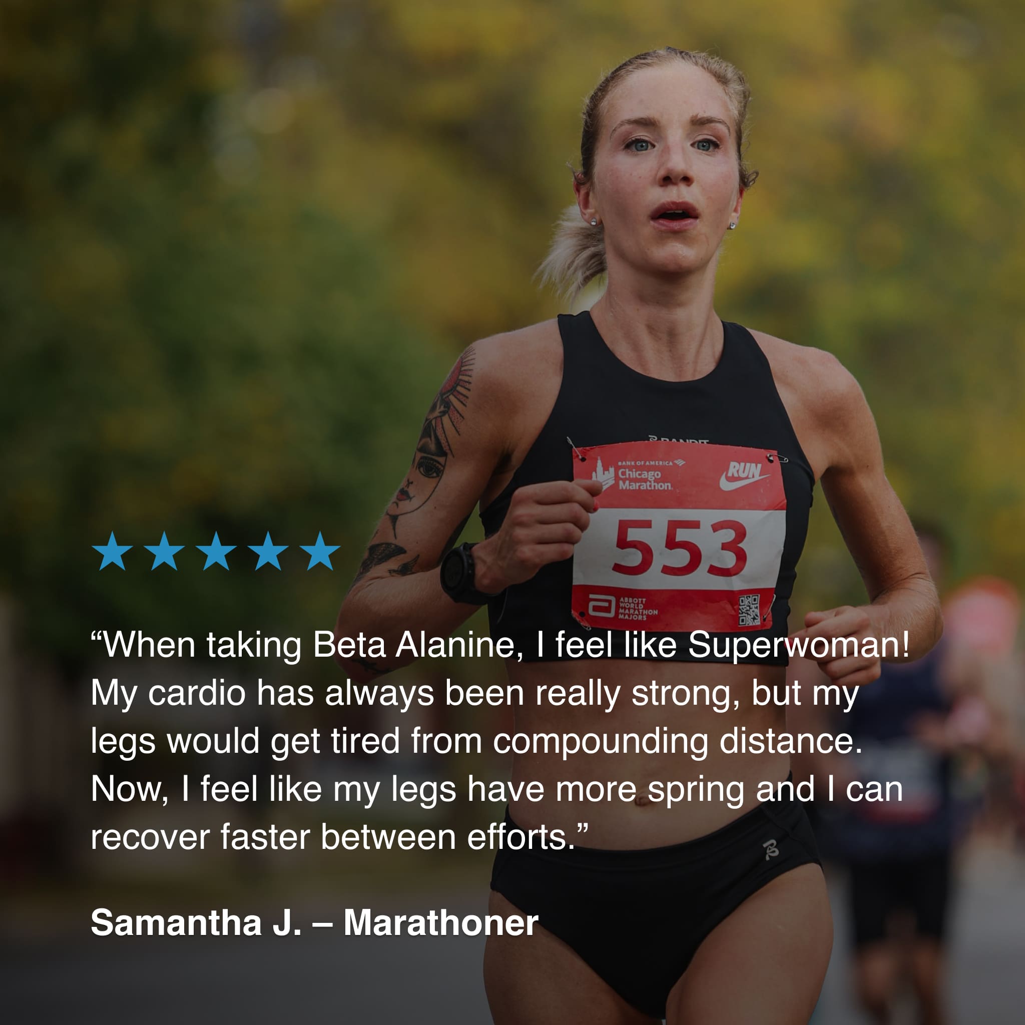 Marathon runner Samantha J racing during the Chicago Marathon and sharing her experience using Blonyx Beta Alanine to support endurance, recovery, and leg fatigue resistance.