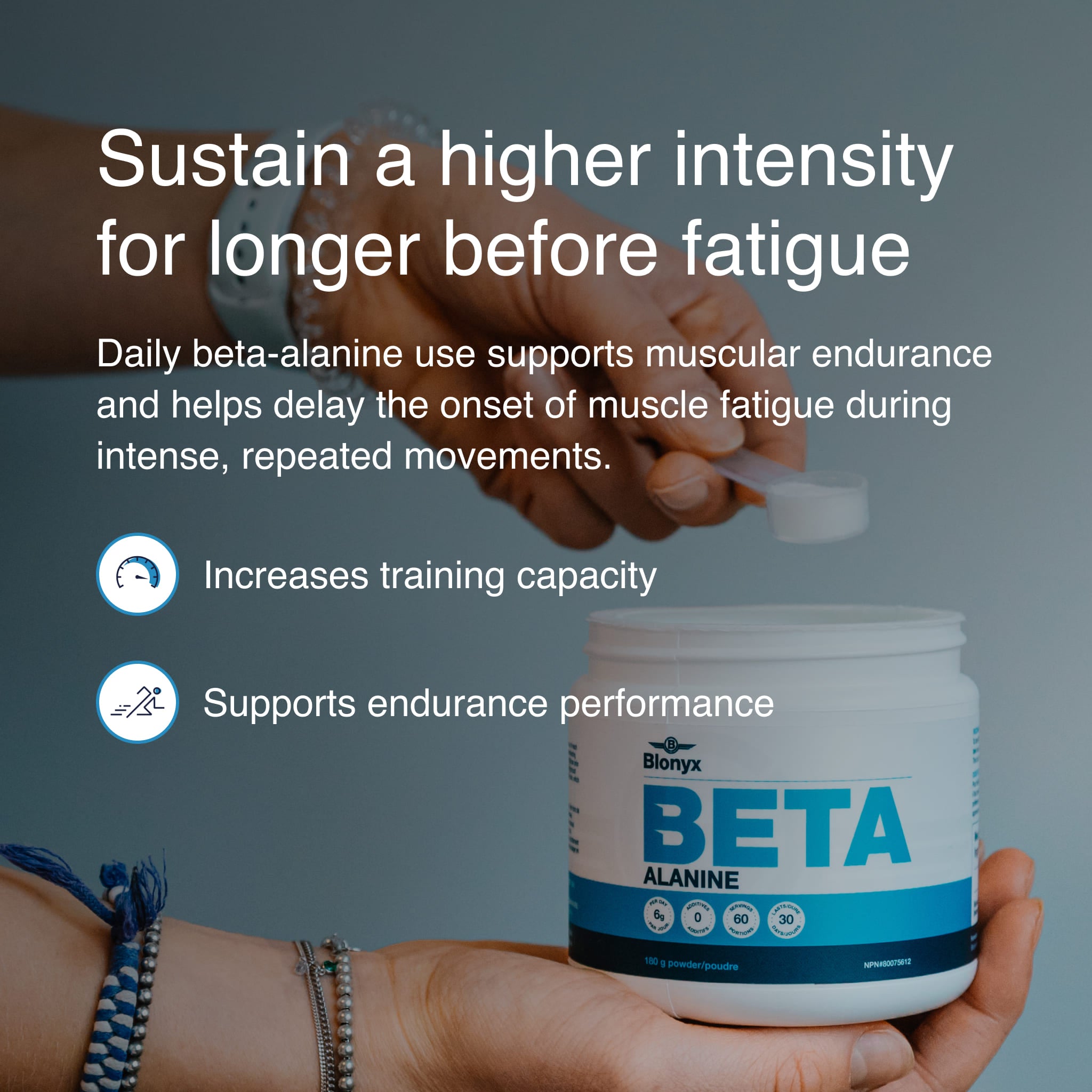 Blonyx Beta Alanine supplement highlighting benefits for muscle endurance, fatigue resistance, training intensity, and endurance performance support.