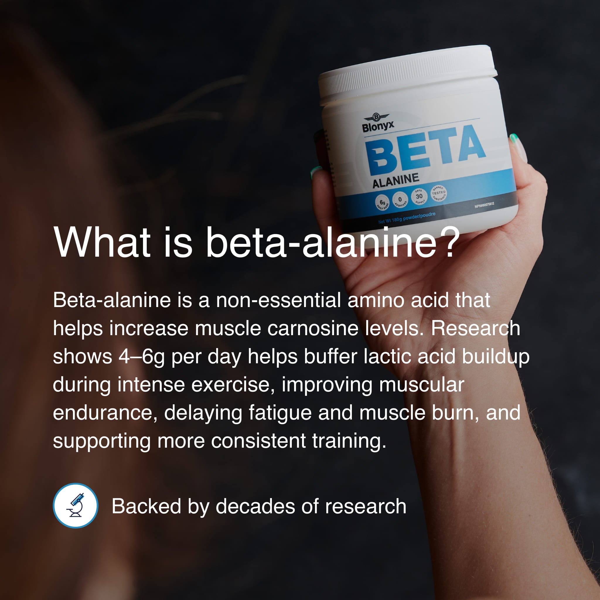 Blonyx Beta Alanine supplement container held in hand with educational information explaining how beta-alanine supports muscle carnosine levels, endurance, and athletic performance.