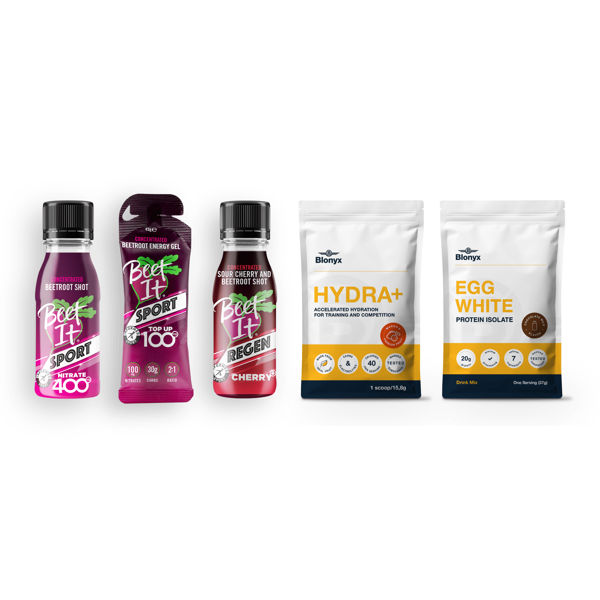 Collection of dietary supplement products from Blonyx and Beet It Sport