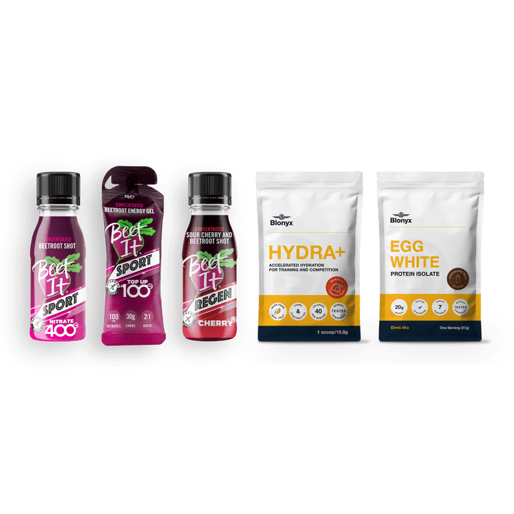 Collection of dietary supplement products from Blonyx and Beet It Sport