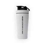 White protein shaker bottle with black text on a transparent background