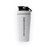 White protein shaker bottle with black text on a transparent background