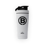 White shaker bottle with black lid and Blonyx logo on a transparent background