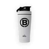 White shaker bottle with black lid and Blonyx logo on a transparent background