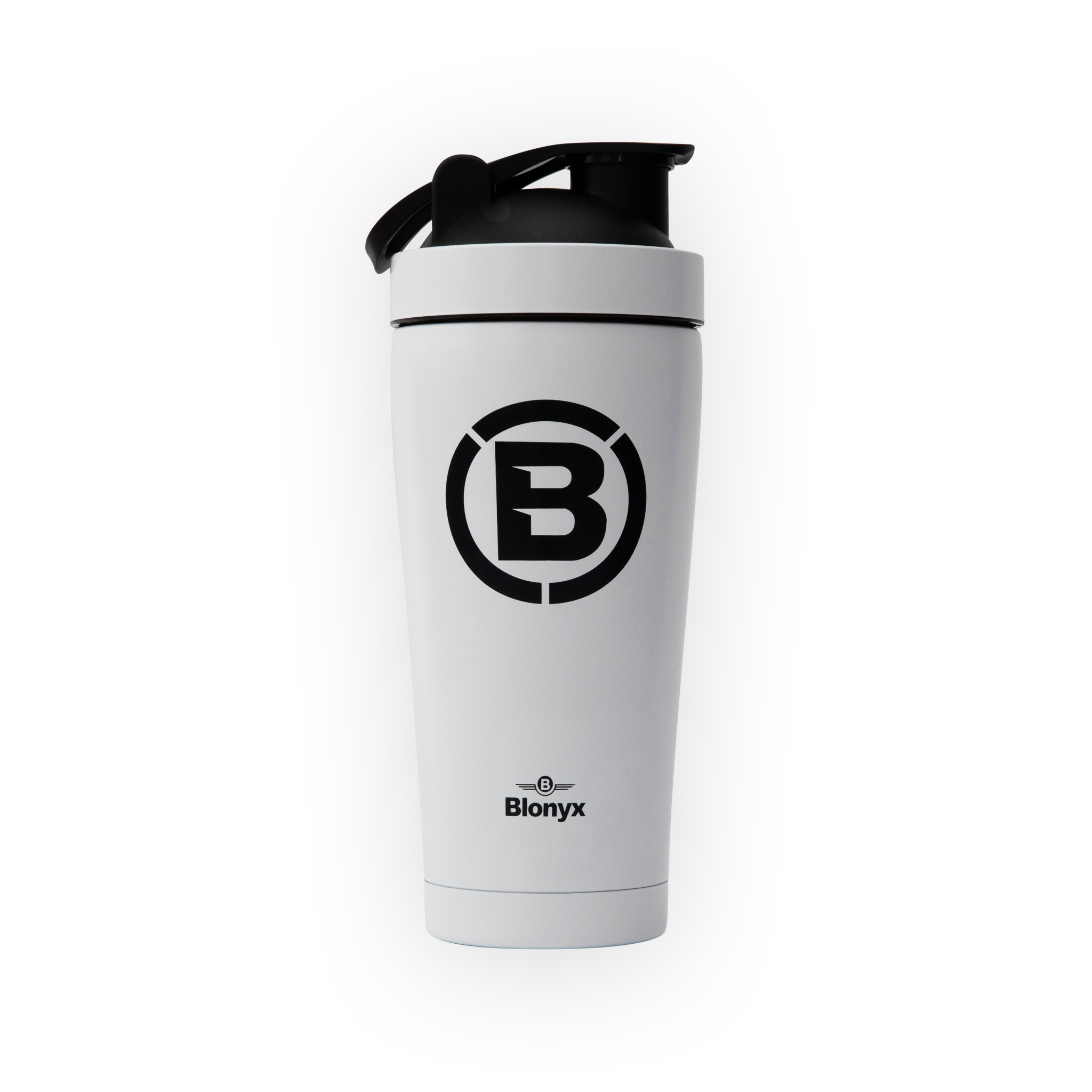 White shaker bottle with black lid and Blonyx logo on a transparent background