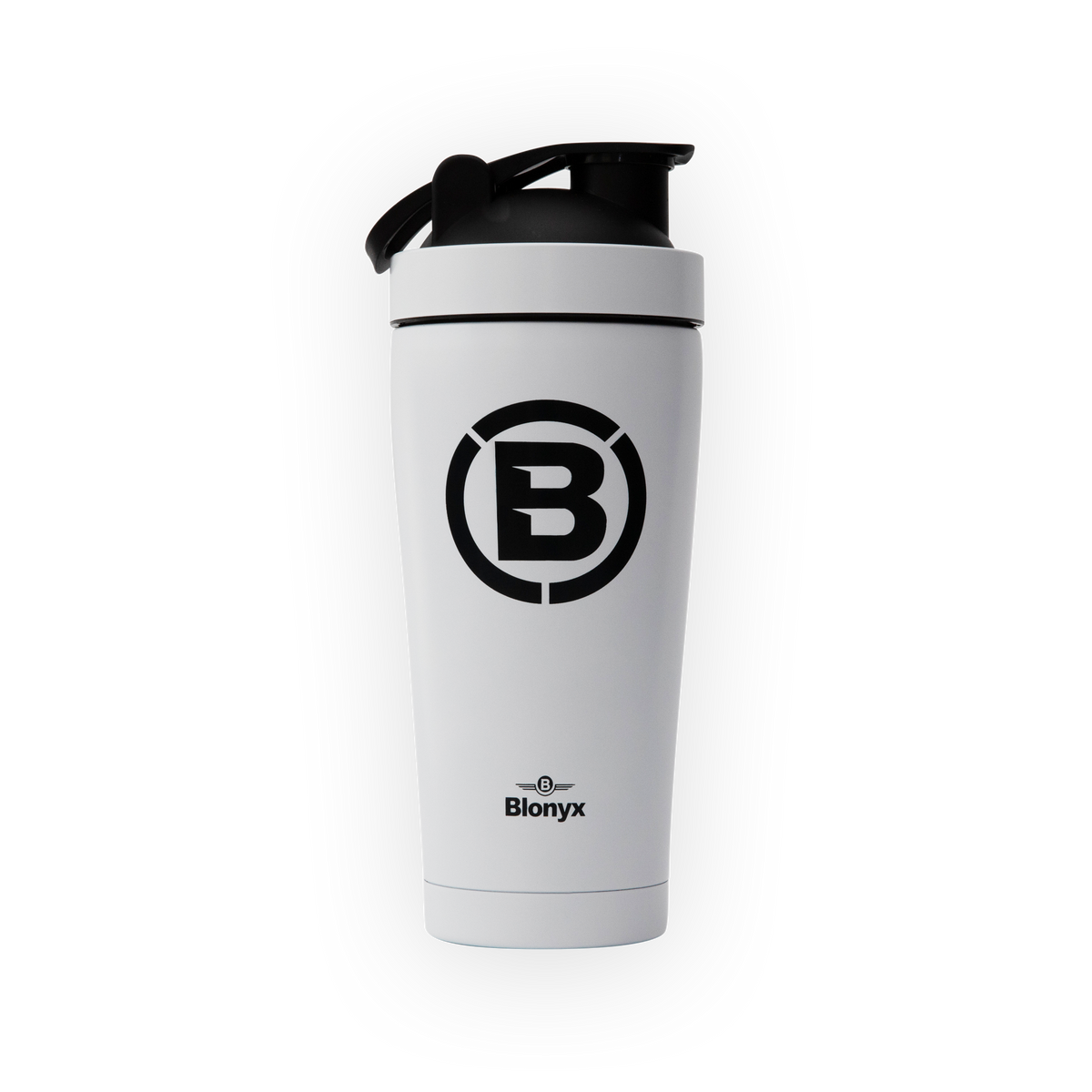 White shaker bottle with black lid and Blonyx logo on a transparent background