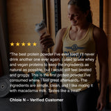 Customer review for Blonyx Egg White Protein Isolate highlighting easy digestion, clean ingredients, and great taste