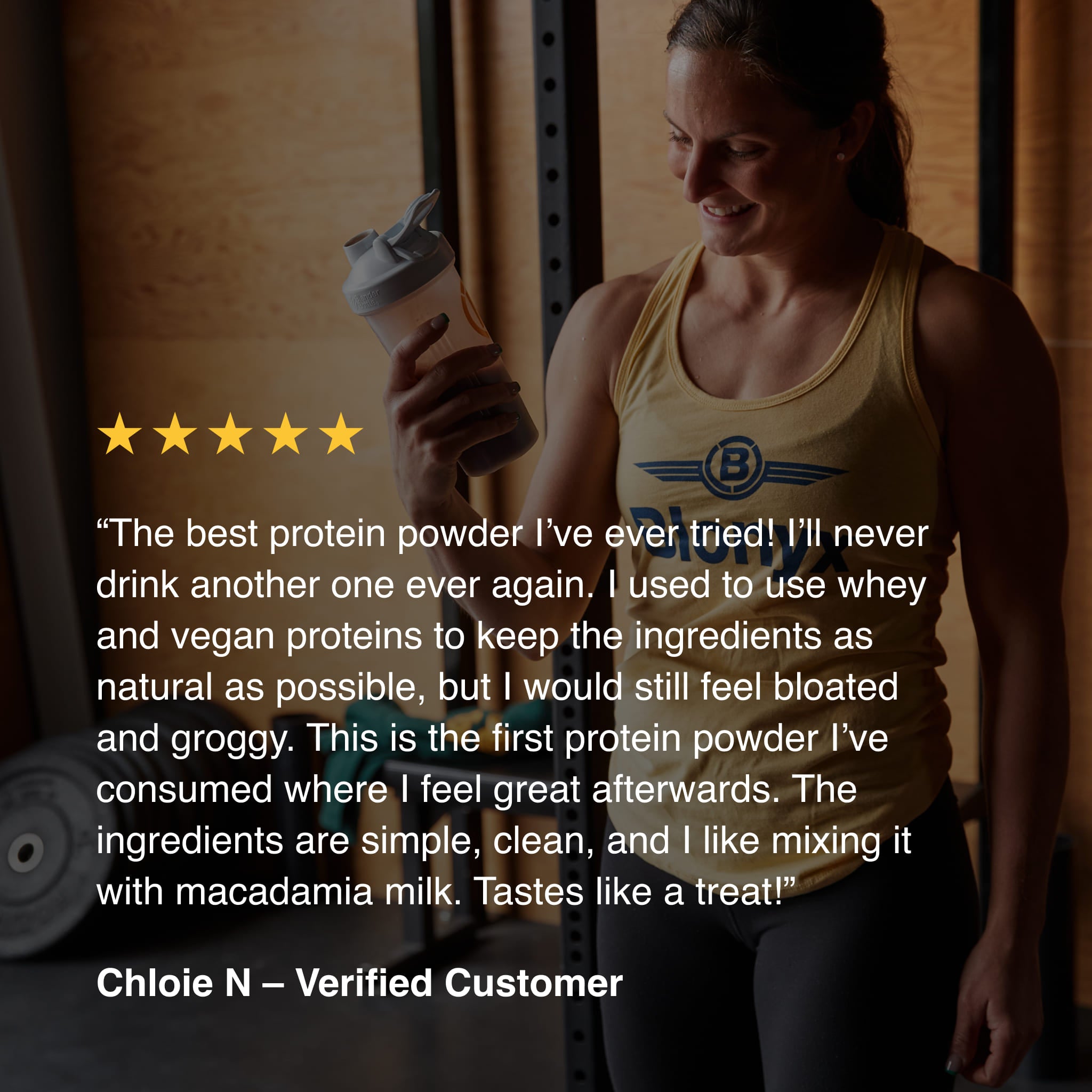 Customer review for Blonyx Egg White Protein Isolate highlighting easy digestion, clean ingredients, and great taste