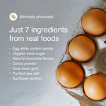 Minimally processed Blonyx Egg White Protein Isolate made with 7 real-food ingredients including egg whites and cocoa