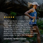 Athlete testimonial for Blonyx Egg White Protein Isolate praising taste, clean ingredients, and convenient recovery nutrition