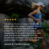 Athlete testimonial for Blonyx Egg White Protein Isolate praising taste, clean ingredients, and convenient recovery nutrition