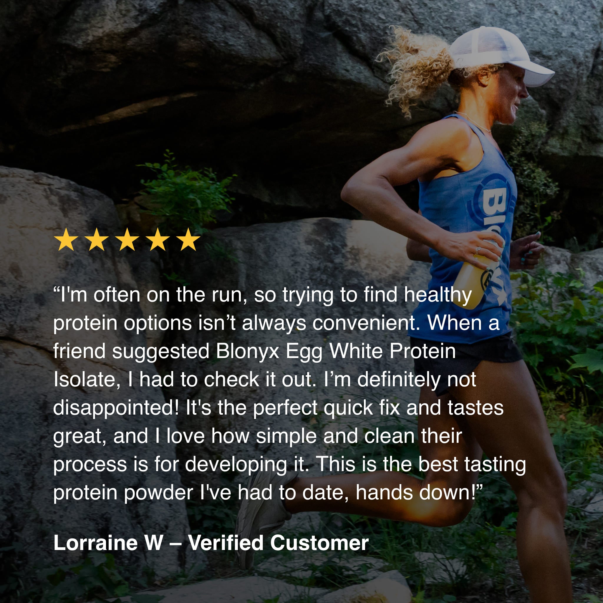 Athlete testimonial for Blonyx Egg White Protein Isolate praising taste, clean ingredients, and convenient recovery nutrition