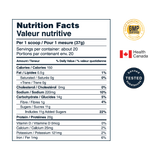 Nutrition facts label with GMP certification, Health Canada logo, and banned substance badge on a green background.