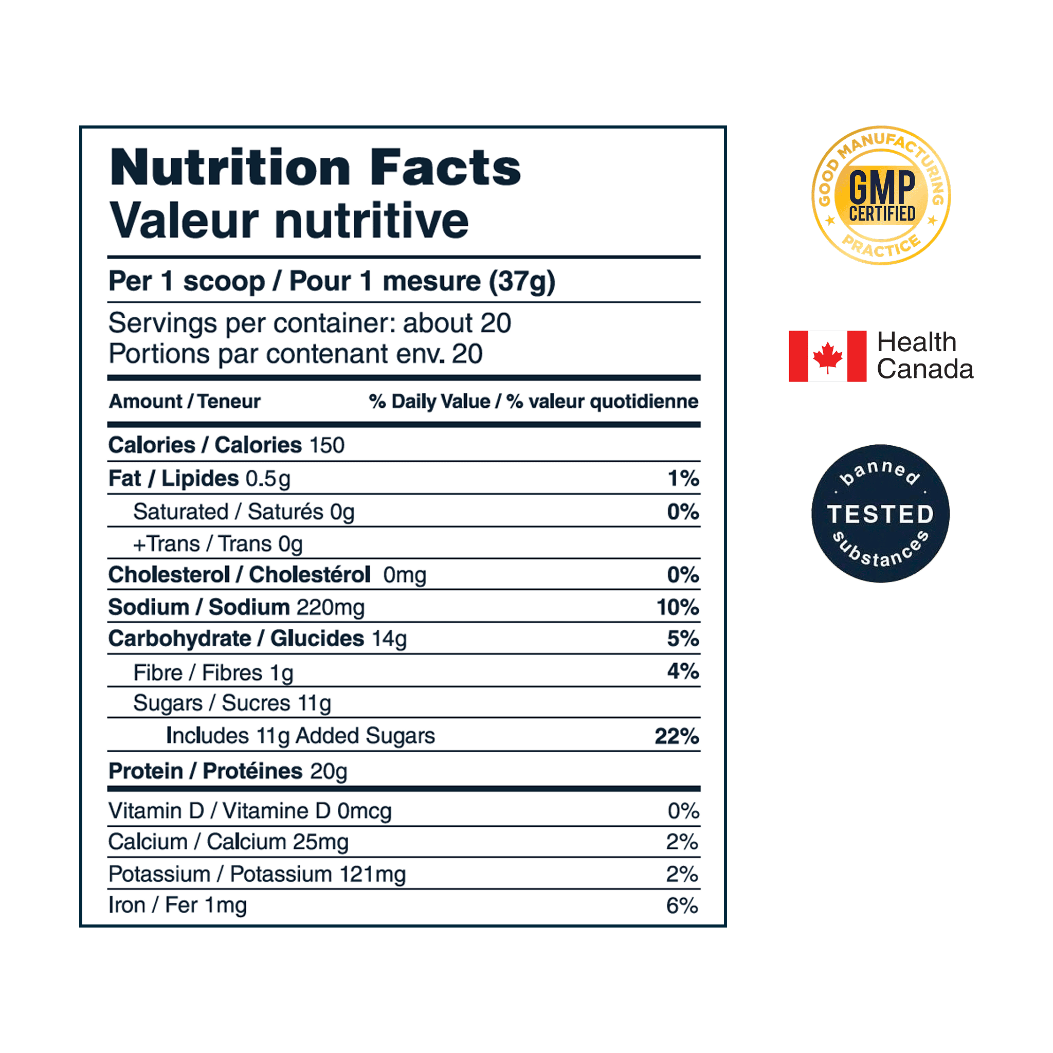 Nutrition facts label with GMP certification, Health Canada logo, and banned substance badge on a green background.