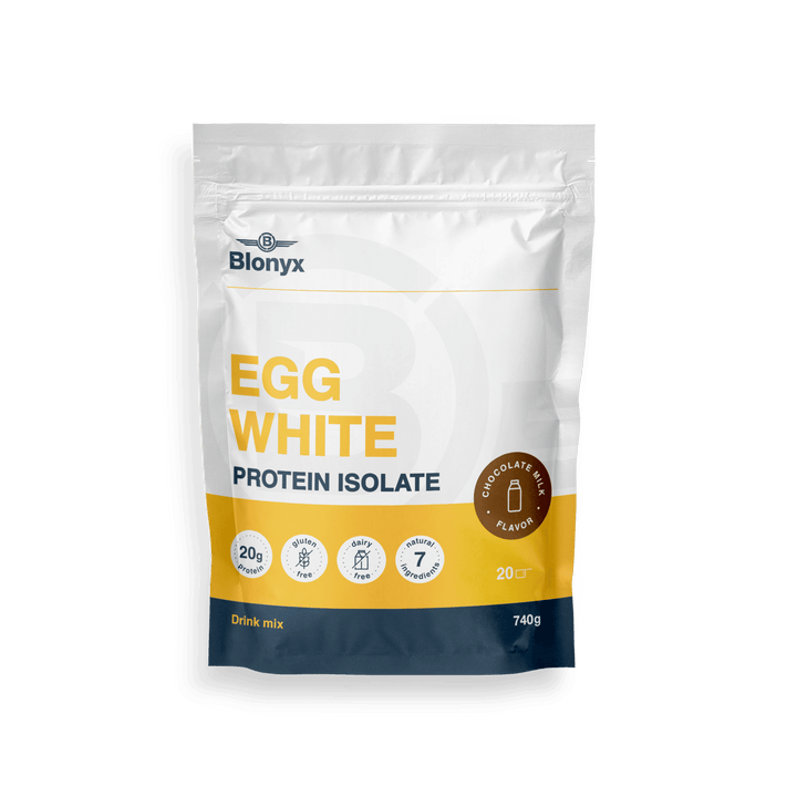 Front packaging of Blonyx Egg White Protein Isolate chocolate milk flavour protein powder with 20g protein per serving