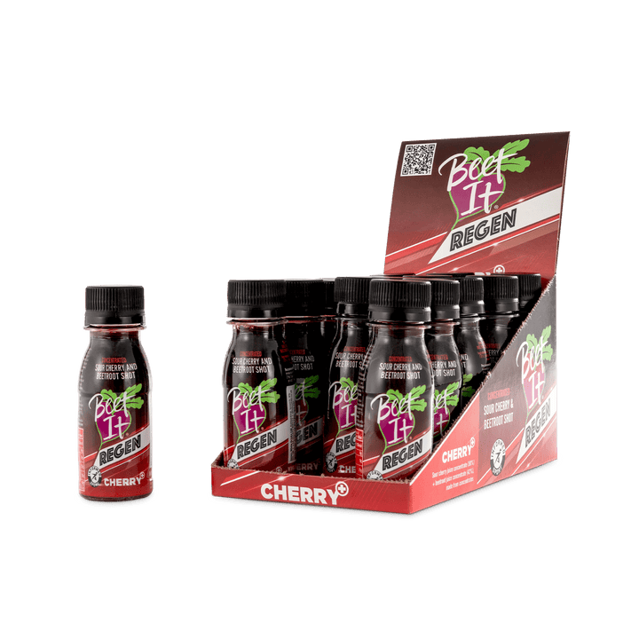 Beet It Regen Cherry+ tart cherry and beetroot recovery shots with retail display tray.