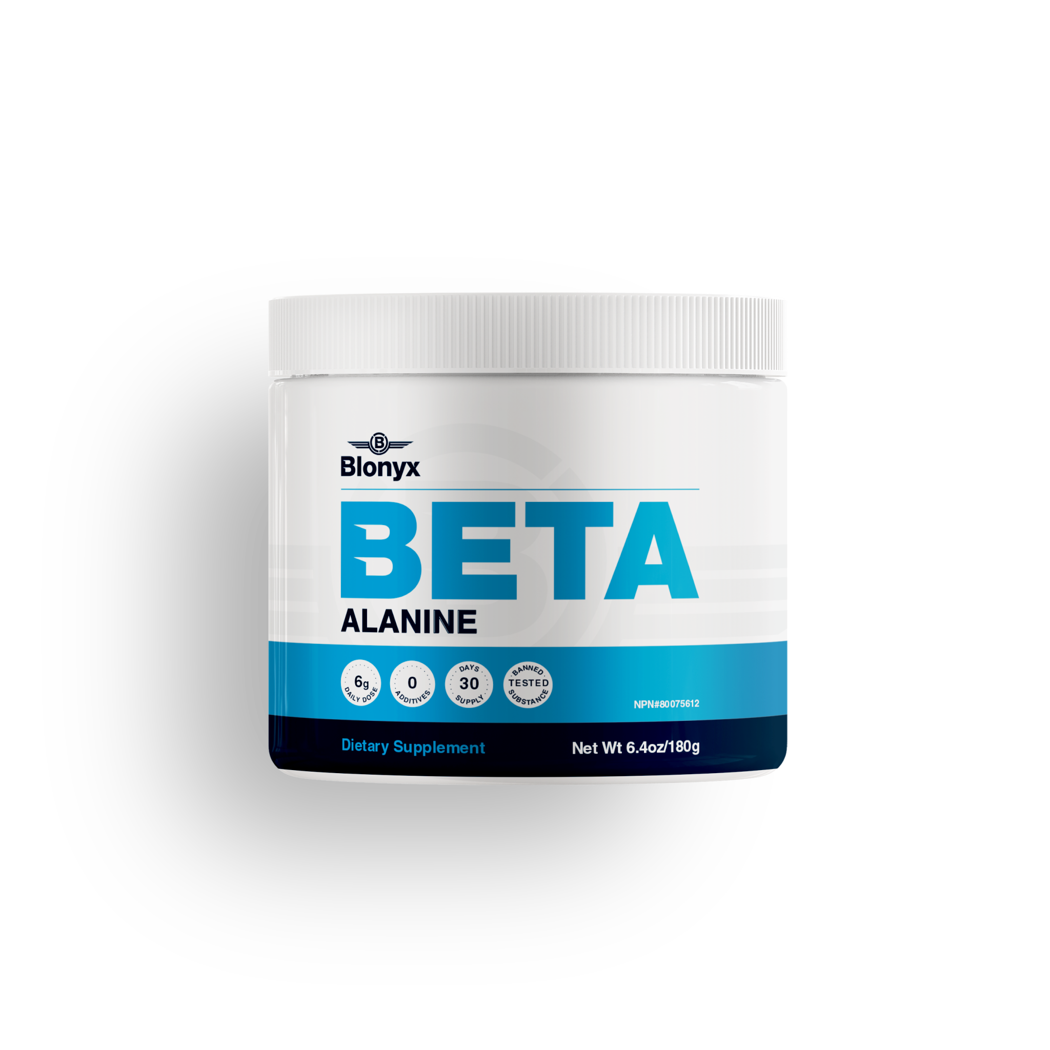 Blonyx Beta Alanine powder supplement container providing 6g daily dose for muscle endurance, fatigue resistance, and high-intensity athletic performance.