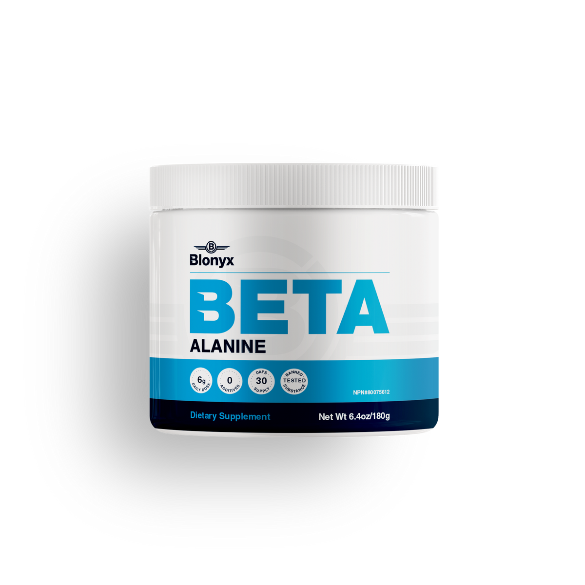 Blonyx Beta Alanine powder supplement container providing 6g daily dose for muscle endurance, fatigue resistance, and high-intensity athletic performance.