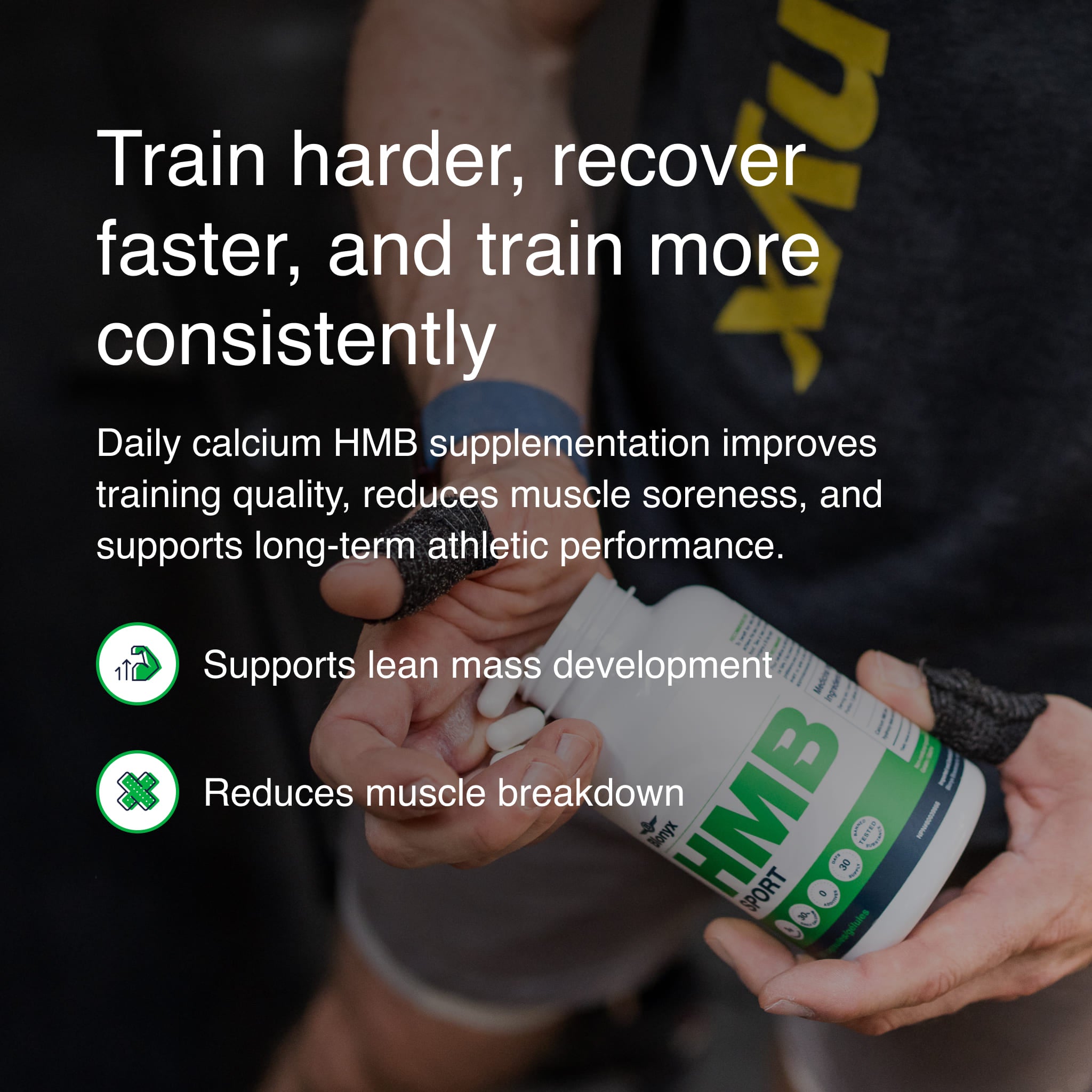 Athlete pouring Blonyx HMB Sport capsules into their hand, highlighting calcium HMB supplementation to support muscle recovery, reduce muscle breakdown, and maintain lean muscle mass for athletic performance.