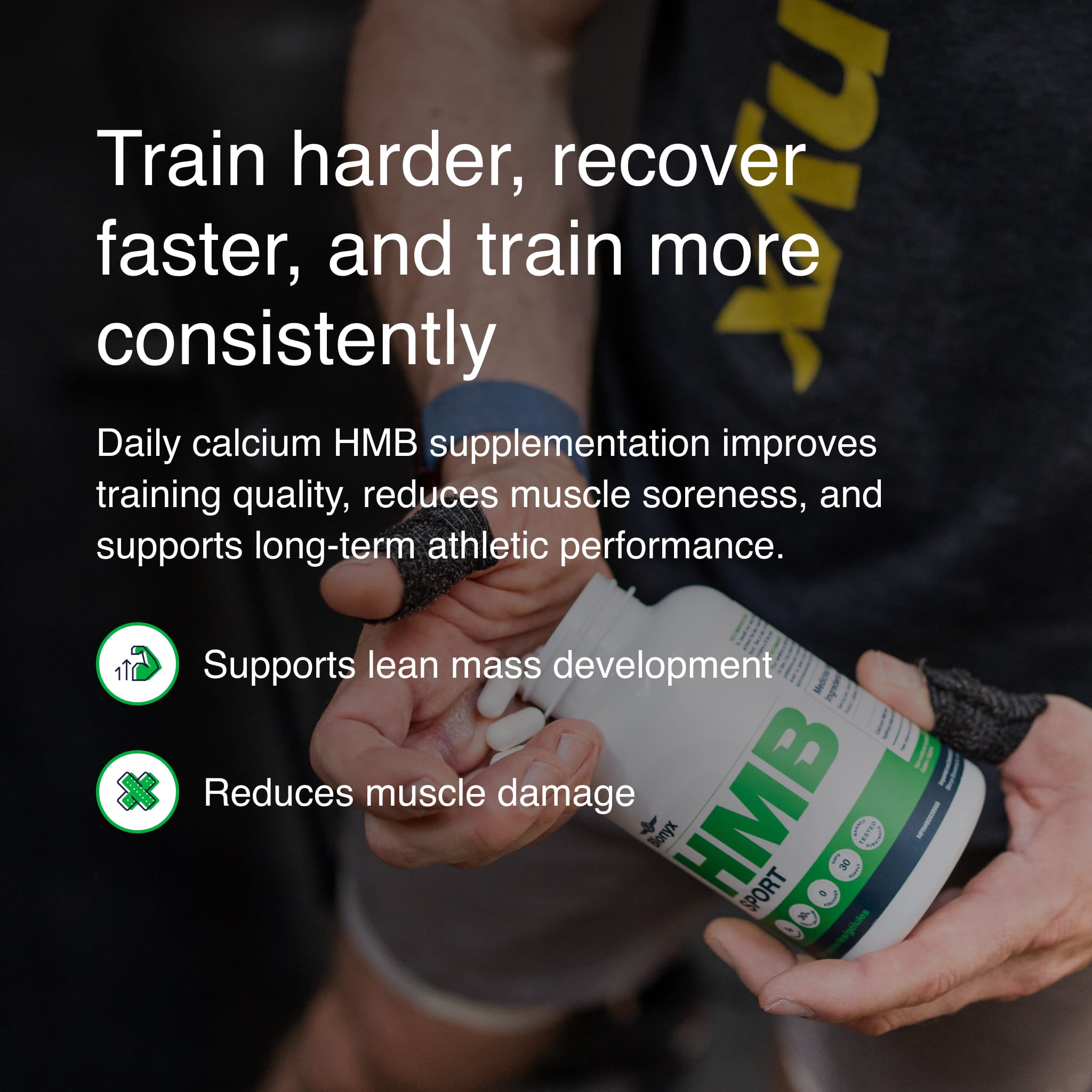 Athlete pouring Blonyx HMB Sport capsules into their hand, highlighting calcium HMB supplementation to support muscle recovery, reduce muscle breakdown, and maintain lean muscle mass for athletic performance.