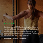 Masters CrossFit athlete performing resistance band exercises with a testimonial about using Blonyx HMB Sport to reduce muscle soreness, accelerate recovery, and support healthy aging and long-term training.