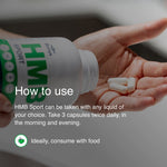 Blonyx HMB Sport capsules being dispensed into a hand with usage instructions recommending 3 capsules twice daily with food to achieve the research-backed 3-gram daily calcium HMB dose.