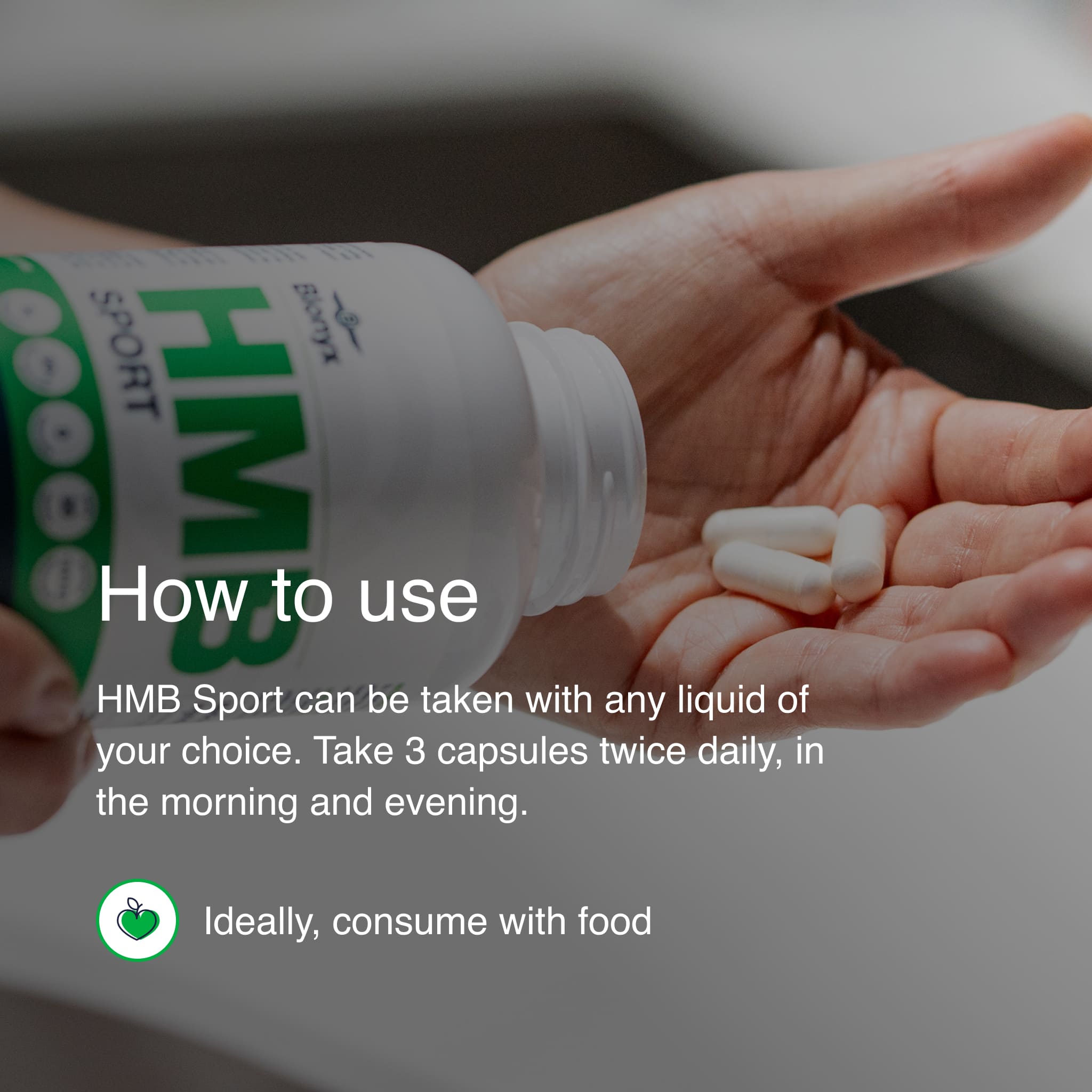 Blonyx HMB Sport capsules being dispensed into a hand with usage instructions recommending 3 capsules twice daily with food to achieve the research-backed 3-gram daily calcium HMB dose.