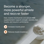 Supplement powder in a scoop with text about athletic performance and recovery.
